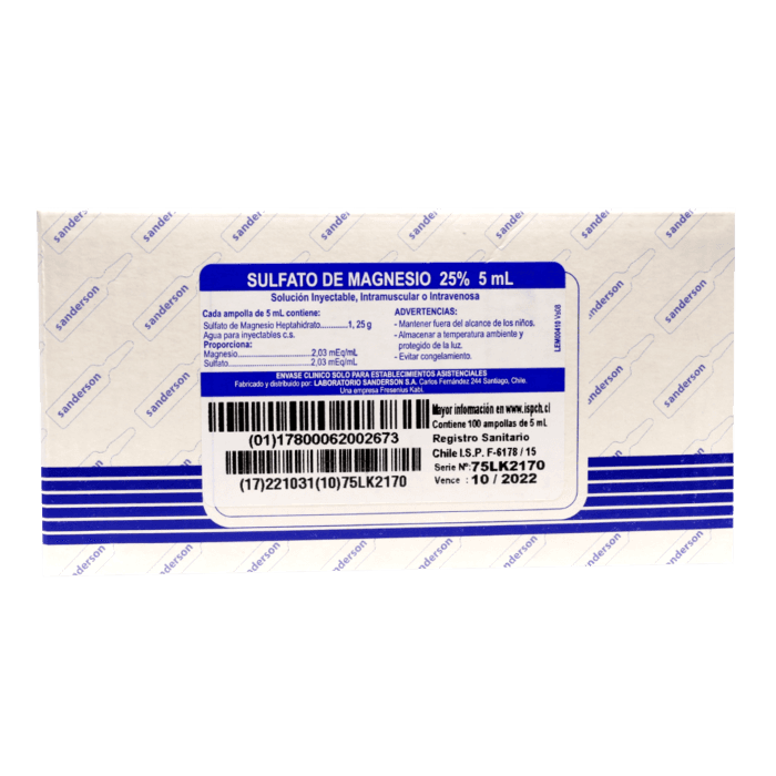 Sulfato de Magnesio Solución Inyectable 25% 5 ml x 100 Ampollas